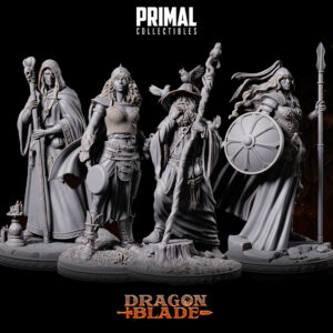 Kit Combro Critico da Parvus Miniaturas da coleção Dragon Blade da Primal Collectibles, com Edheliel, Linus, Ordella e Astrid, apresentando personagens mágicos e guerreiros destemidos.