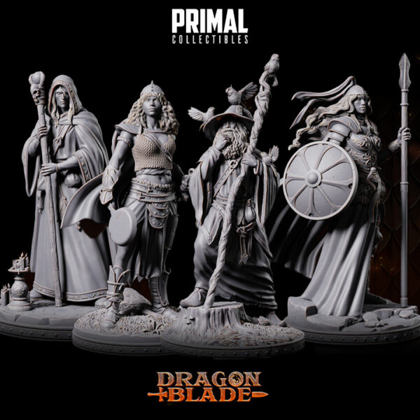 Kit Combro Critico da Parvus Miniaturas da coleção Dragon Blade da Primal Collectibles, com Edheliel, Linus, Ordella e Astrid, apresentando personagens mágicos e guerreiros destemidos.