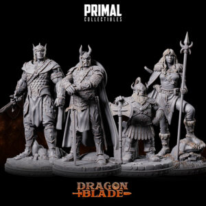 Kit combo Critico da Parvus Miniaturas da coleção Dragon Blade da Primal Collectibles, incluindo Knight Marshall Shineblade, Tullius, Moonshine e Ghrimli, guerreiros e clérigos preparados para a batalha.