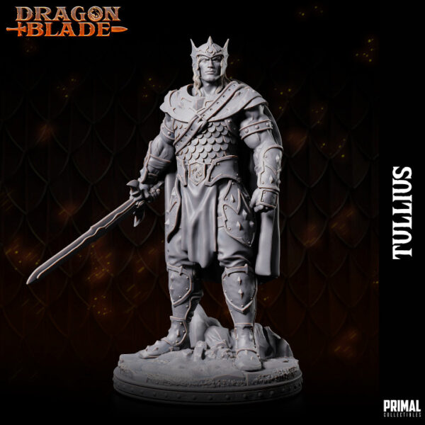 Miniatura de RPG Tullius, um guerreiro humano da coleção Dragon Blade da Primal Collectibles, segurando sua espada na mão direita e com um escudo preso nas costas, em posição de prontidão para o combate.