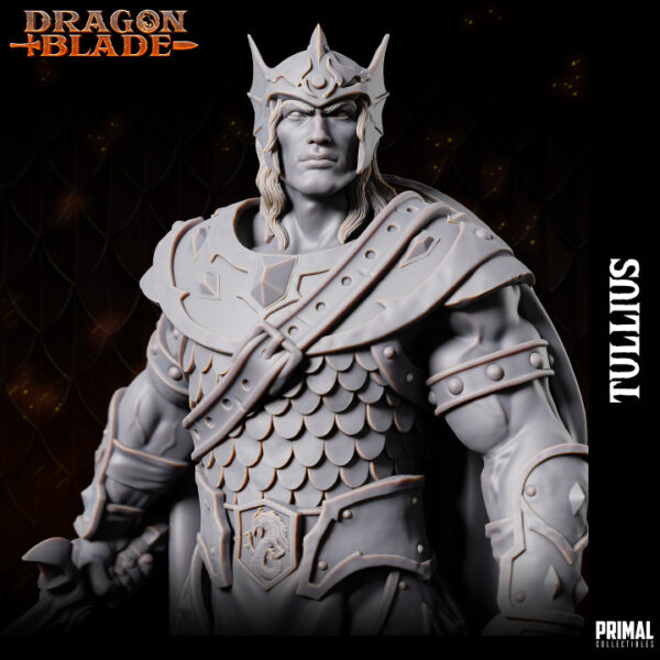 Miniatura de RPG Tullius, um guerreiro humano da coleção Dragon Blade da Primal Collectibles, segurando sua espada na mão direita e com um escudo preso nas costas, em posição de prontidão para o combate.
