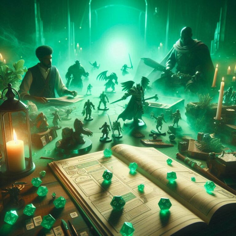 Mesa de RPG de mesa com várias miniaturas detalhadas, livros e dados, representando uma aventura emocionante de fantasia.