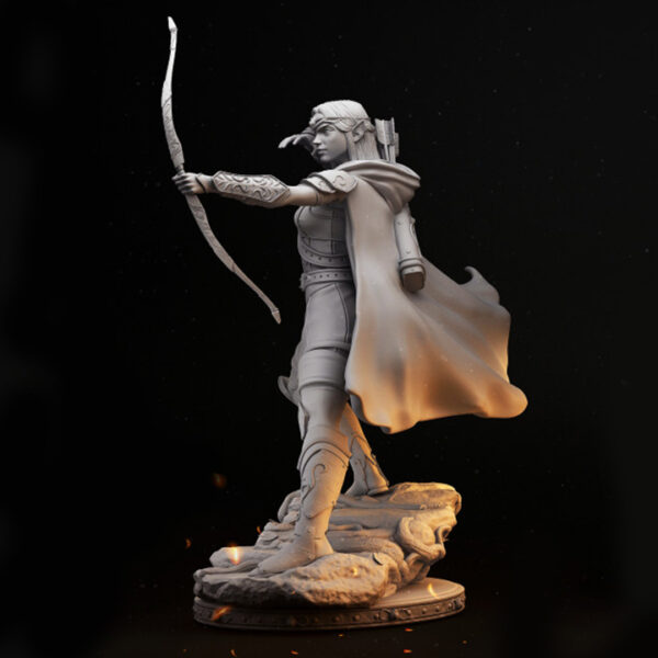 Miniatura de uma elfa arqueira em escala 32mm, em posição dinâmica logo após disparar uma flecha, com expressão de foco e destemor. A figura apresenta detalhes intrincados no arco e no traje, ideal para RPG de mesa, colecionadores e pintores de miniaturas.