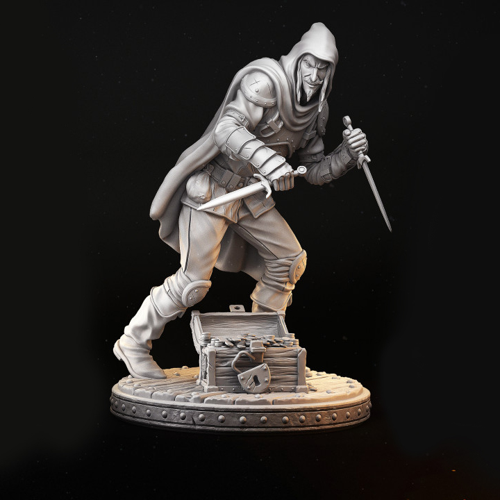 Miniatura de um ladino em escala 32mm, em pose ágil segurando duas adagas prontas para o combate. Figura altamente detalhada, ideal para jogadores de RPG de mesa, colecionadores e pintores de miniaturas.
