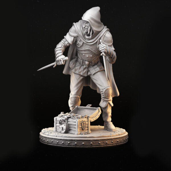 Miniatura de um ladino em escala 32mm, em pose ágil segurando duas adagas prontas para o combate. Figura altamente detalhada, ideal para jogadores de RPG de mesa, colecionadores e pintores de miniaturas.