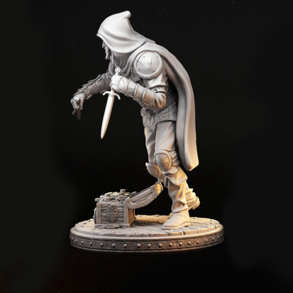 Miniatura de um ladino em escala 32mm, em pose ágil segurando duas adagas prontas para o combate. Figura altamente detalhada, ideal para jogadores de RPG de mesa, colecionadores e pintores de miniaturas.