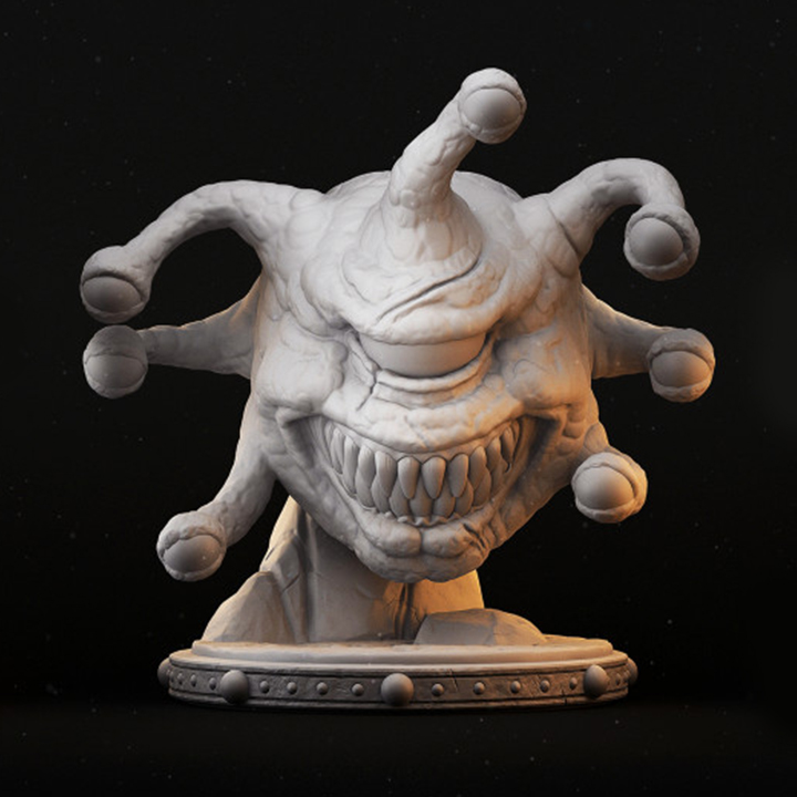 Miniatura de um Beholder em escala 32mm, com um grande olho central e várias hastes oculares detalhadas, flutuando em uma pose ameaçadora. A figura é rica em detalhes, ideal para jogos de RPG de mesa, colecionadores e pintores de miniaturas.