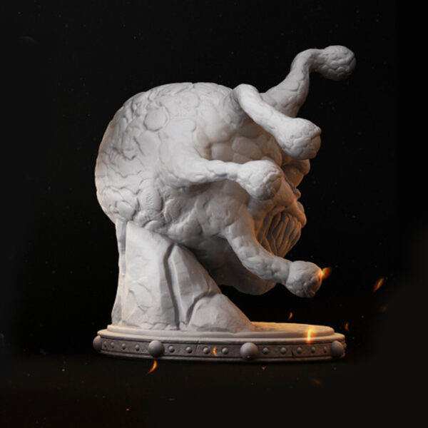 Miniatura de um Beholder em escala 32mm, com um grande olho central e várias hastes oculares detalhadas, flutuando em uma pose ameaçadora. A figura é rica em detalhes, ideal para jogos de RPG de mesa, colecionadores e pintores de miniaturas.
