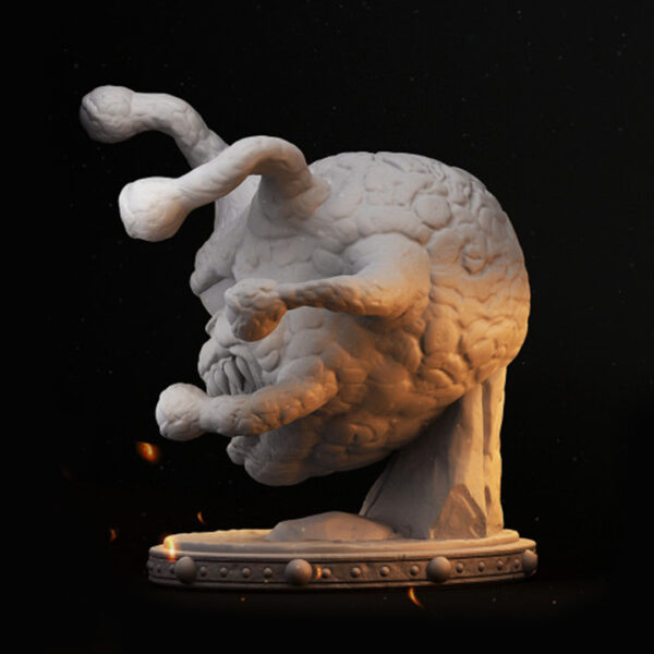 Miniatura de um Beholder em escala 32mm, com um grande olho central e várias hastes oculares detalhadas, flutuando em uma pose ameaçadora. A figura é rica em detalhes, ideal para jogos de RPG de mesa, colecionadores e pintores de miniaturas.