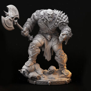 Miniatura de um orc em escala 32mm, empunhando um grande machado com expressão furiosa, em uma pose que exala poder bruto. A figura apresenta músculos definidos e detalhes rústicos, ideal para RPG de mesa, colecionadores e pintores de miniaturas.