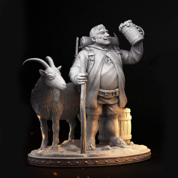 Miniatura de Bronson em escala 32mm, retratando um pastor sorridente segurando uma caneca de cerveja, acompanhado por suas cabras. Figura detalhada, perfeita para RPG de mesa como NPC carismático ou adição a coleções e projetos de pintura.