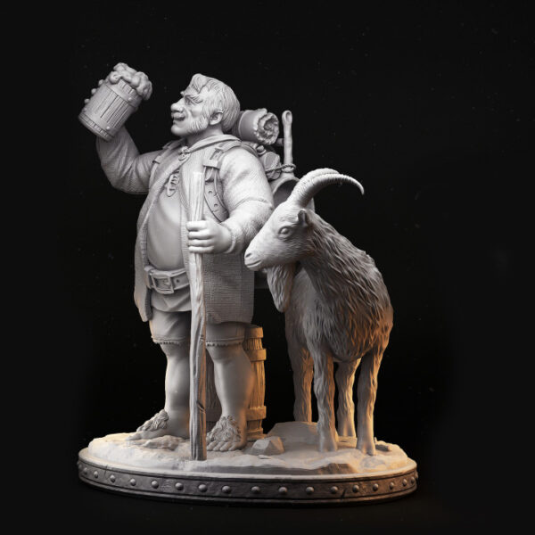 Miniatura de Bronson em escala 32mm, retratando um pastor sorridente segurando uma caneca de cerveja, acompanhado por suas cabras. Figura detalhada, perfeita para RPG de mesa como NPC carismático ou adição a coleções e projetos de pintura.