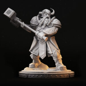 Miniatura de um anão em escala 32mm, segurando um martelo de duas mãos com detalhes rústicos e uma expressão de determinação. A figura apresenta traços fortes e um design robusto, ideal para jogos de RPG de mesa, colecionadores e pintores de miniaturas.