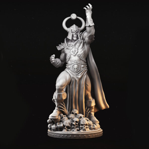 Miniatura de um feiticeiro sombrio em escala 32mm, trajando roupas detalhadas e segurando um cajado maligno, enquanto conjura uma magia necromântica capaz de ressuscitar um exército de caveiras. Figura rica em detalhes, ideal para RPG de mesa, colecionadores e pintores de miniaturas.