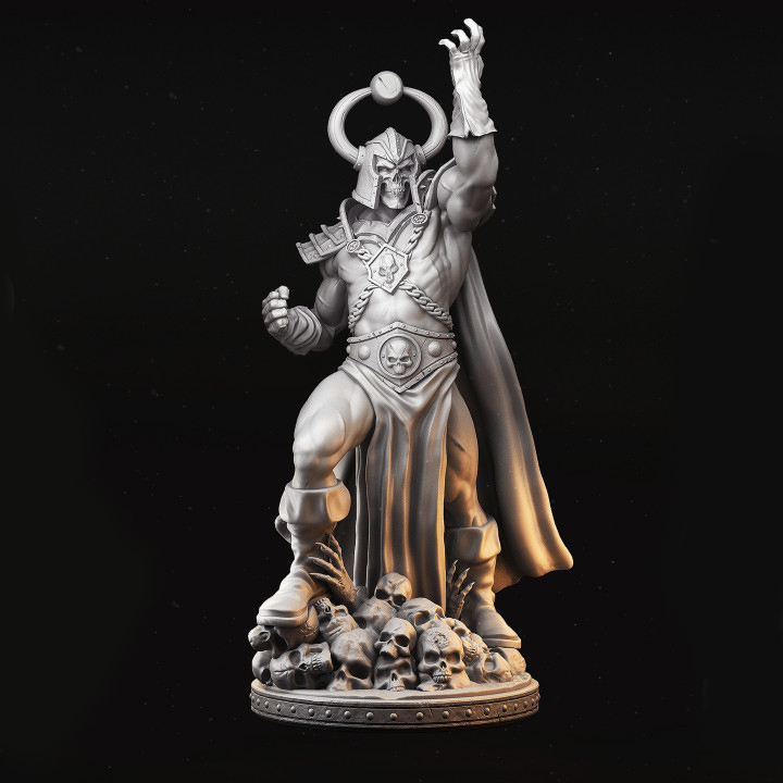 Miniatura de um feiticeiro sombrio em escala 32mm, trajando roupas detalhadas e segurando um cajado maligno, enquanto conjura uma magia necromântica capaz de ressuscitar um exército de caveiras. Figura rica em detalhes, ideal para RPG de mesa, colecionadores e pintores de miniaturas.