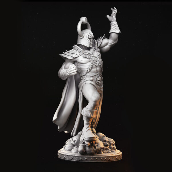 Miniatura de um feiticeiro sombrio em escala 32mm, trajando roupas detalhadas e segurando um cajado maligno, enquanto conjura uma magia necromântica capaz de ressuscitar um exército de caveiras. Figura rica em detalhes, ideal para RPG de mesa, colecionadores e pintores de miniaturas.