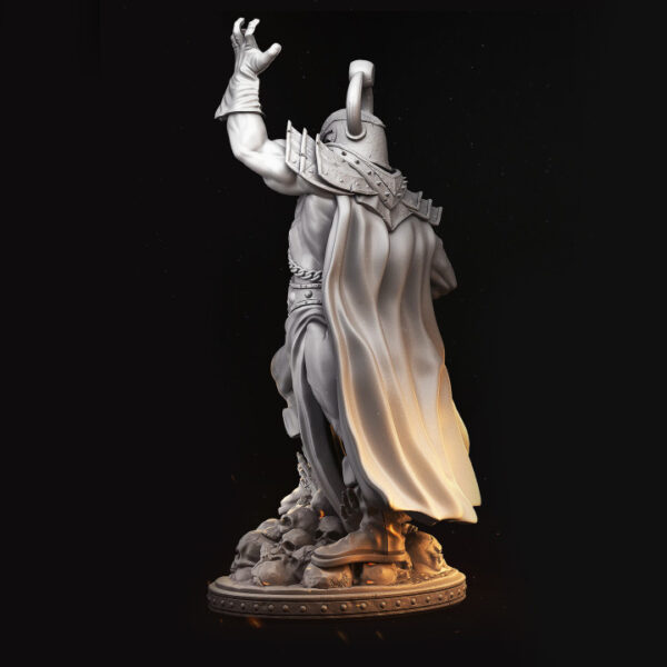 Miniatura de um feiticeiro sombrio em escala 32mm, trajando roupas detalhadas e segurando um cajado maligno, enquanto conjura uma magia necromântica capaz de ressuscitar um exército de caveiras. Figura rica em detalhes, ideal para RPG de mesa, colecionadores e pintores de miniaturas.
