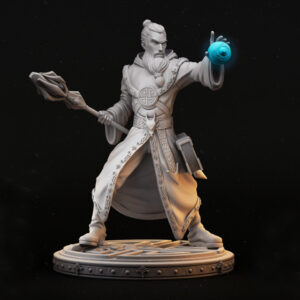 Miniatura de um mago em escala 32mm, segurando um cajado ornamentado com runas luminosas em uma mão e conjurando uma esfera de energia com a outra. A figura está em posição de ataque, capturando o dinamismo e a força do personagem, ideal para jogos de RPG, colecionadores e pintores de miniaturas.