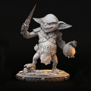 Miniatura de um goblin em escala 32mm, segurando uma adaga detalhada na mão direita e um saco de itens na mão esquerda. A figura apresenta um sorriso irônico, capturando a personalidade travessa e astuta do personagem, ideal para RPG de mesa, colecionadores e pintores de miniaturas.