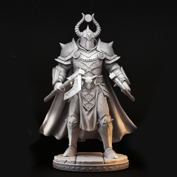 Miniatura de Hadeon, o Cavaleiro Sombrio, em escala 32mm. Figura detalhada com armadura pesada, empunhando dois machados. Ideal como inimigo poderoso em RPG de mesa, coleção ou projeto de pintura.
