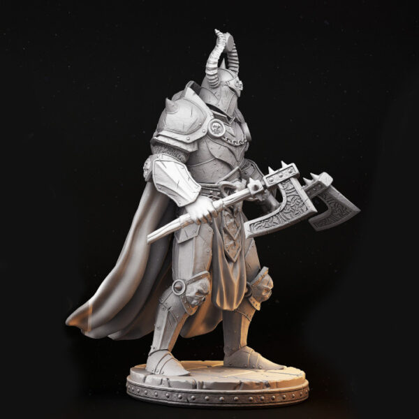 Miniatura de Hadeon, o Cavaleiro Sombrio, em escala 32mm. Figura detalhada com armadura pesada, empunhando dois machados. Ideal como inimigo poderoso em RPG de mesa, coleção ou projeto de pintura.
