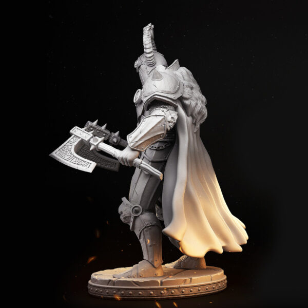 Miniatura de Hadeon, o Cavaleiro Sombrio, em escala 32mm. Figura detalhada com armadura pesada, empunhando dois machados. Ideal como inimigo poderoso em RPG de mesa, coleção ou projeto de pintura.
