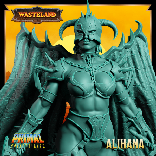 Miniatura de Alihana, uma guerreira alada segurando duas espadas de obsidiana, com um olhar sereno. Asas detalhadas e postura dinâmica inspirada no cenário pós-apocalíptico de Athas em Darksun.
