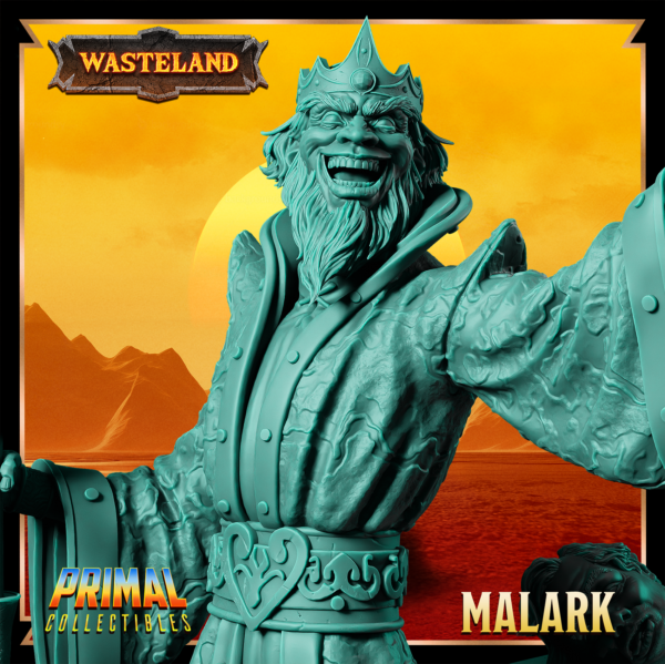 Miniatura de Malark, um sorcerer segurando um cajado em uma mão enquanto conjura magia com a outra, exibindo uma gargalhada intimidadora. Detalhes sombrios e postura dinâmica inspirados no cenário desolado de Athas em Darksun.