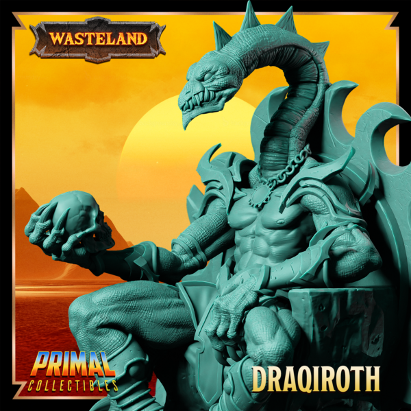 Miniatura de Draqiroth, o Sorcerer King, sentado em seu trono majestoso e sombrio, segurando um crânio humano em uma mão. Uma presença imponente e detalhada, inspirada no cenário desolado de Athas em Darksun.