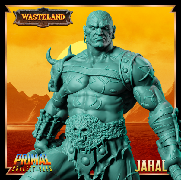 Miniatura de Mul Jahal, um Mul segurando duas maças em cada mão, com um olhar sereno. Detalhes rústicos e inspirados no cenário pós-apocalíptico de Athas em Darksun.