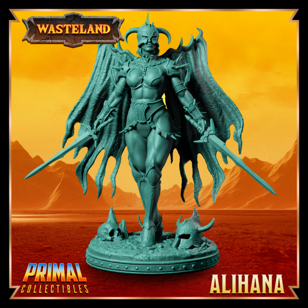 Miniatura de Alihana, uma guerreira alada segurando duas espadas de obsidiana, com um olhar sereno. Asas detalhadas e postura dinâmica inspirada no cenário pós-apocalíptico de Athas em Darksun.
