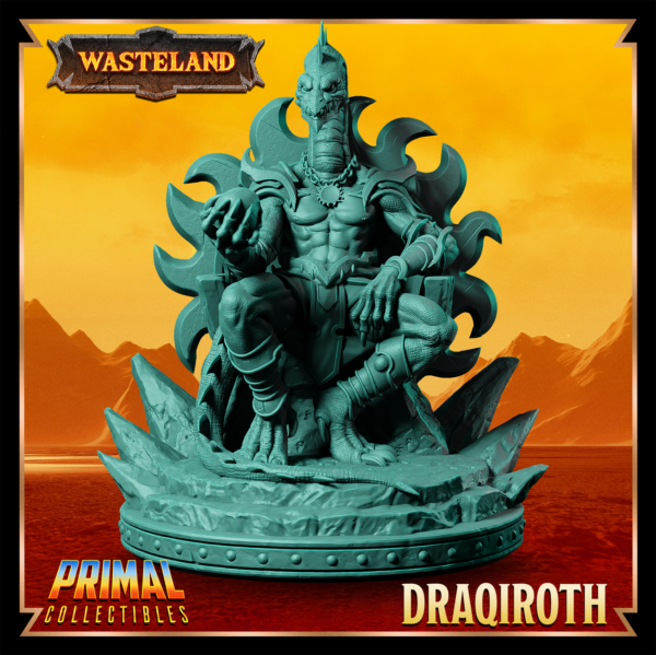 Miniatura de Draqiroth, o Sorcerer King, sentado em seu trono majestoso e sombrio, segurando um crânio humano em uma mão. Uma presença imponente e detalhada, inspirada no cenário desolado de Athas em Darksun.