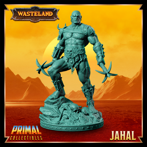 Miniatura de Mul Jahal, um Mul segurando duas maças em cada mão, com um olhar sereno. Detalhes rústicos e inspirados no cenário pós-apocalíptico de Athas em Darksun.