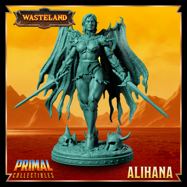 Miniatura de Alihana, uma guerreira alada segurando duas espadas de obsidiana, com um olhar sereno. Asas detalhadas e postura dinâmica inspirada no cenário pós-apocalíptico de Athas em Darksun.