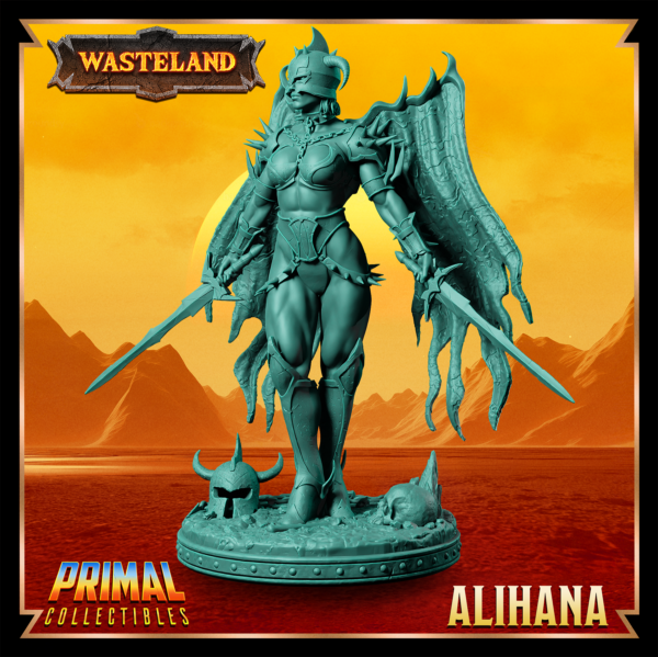 Miniatura de Alihana, uma guerreira alada segurando duas espadas de obsidiana, com um olhar sereno. Asas detalhadas e postura dinâmica inspirada no cenário pós-apocalíptico de Athas em Darksun.