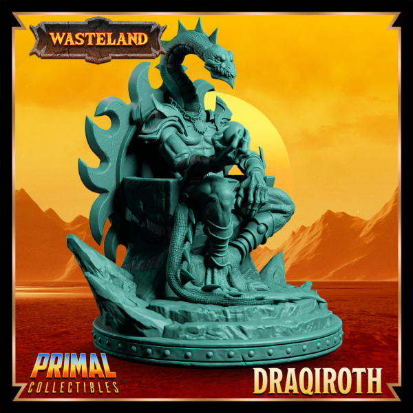 Miniatura de Draqiroth, o Sorcerer King, sentado em seu trono majestoso e sombrio, segurando um crânio humano em uma mão. Uma presença imponente e detalhada, inspirada no cenário desolado de Athas em Darksun.