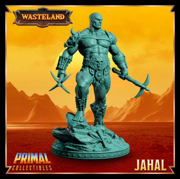 Miniatura de Mul Jahal, um Mul segurando duas maças em cada mão, com um olhar sereno. Detalhes rústicos e inspirados no cenário pós-apocalíptico de Athas em Darksun.