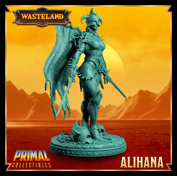 Miniatura de Alihana, uma guerreira alada segurando duas espadas de obsidiana, com um olhar sereno. Asas detalhadas e postura dinâmica inspirada no cenário pós-apocalíptico de Athas em Darksun.