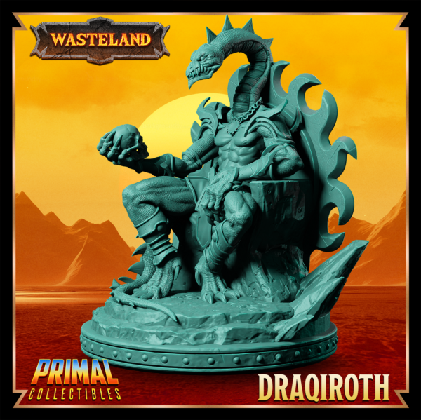 Miniatura de Draqiroth, o Sorcerer King, sentado em seu trono majestoso e sombrio, segurando um crânio humano em uma mão. Uma presença imponente e detalhada, inspirada no cenário desolado de Athas em Darksun.