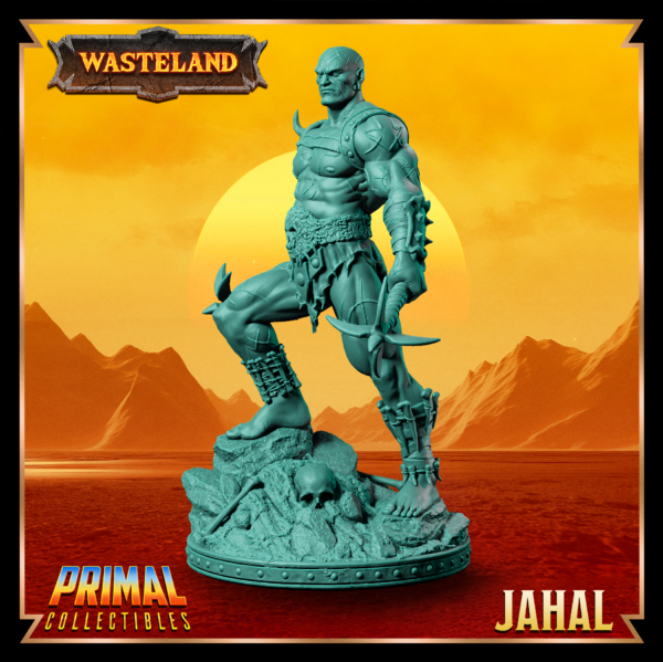 Miniatura de Mul Jahal, um Mul segurando duas maças em cada mão, com um olhar sereno. Detalhes rústicos e inspirados no cenário pós-apocalíptico de Athas em Darksun.