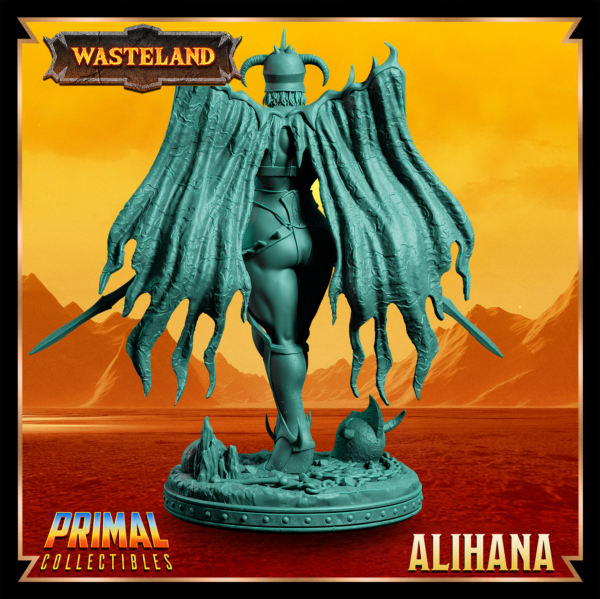 Miniatura de Alihana, uma guerreira alada segurando duas espadas de obsidiana, com um olhar sereno. Asas detalhadas e postura dinâmica inspirada no cenário pós-apocalíptico de Athas em Darksun.