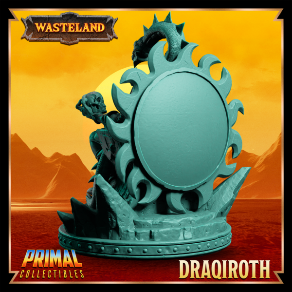 Miniatura de Draqiroth, o Sorcerer King, sentado em seu trono majestoso e sombrio, segurando um crânio humano em uma mão. Uma presença imponente e detalhada, inspirada no cenário desolado de Athas em Darksun.
