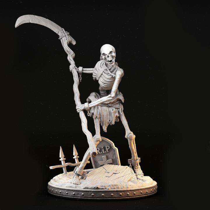 Miniatura de esqueleto em escala 32mm, segurando uma foice e com postura ameaçadora. Figura detalhada, ideal como inimigo genérico ou minion em campanhas de RPG de mesa, para colecionadores e pintores de miniaturas.