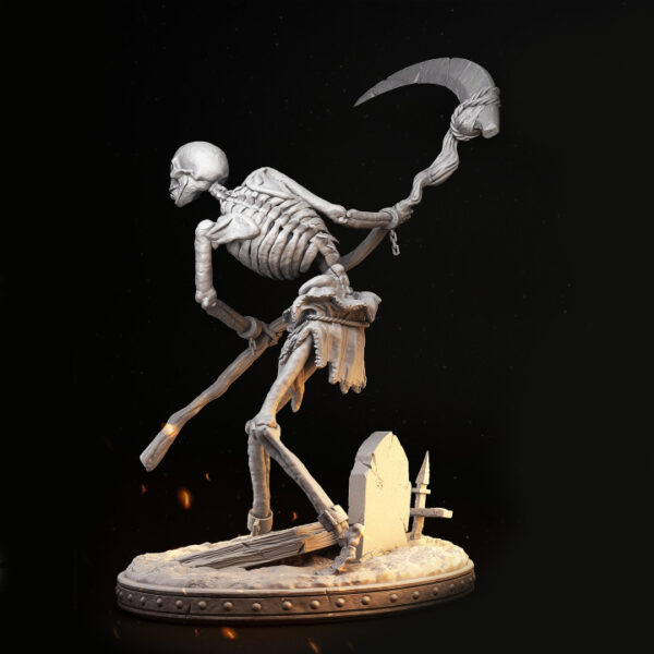 Miniatura de esqueleto em escala 32mm, segurando uma foice e com postura ameaçadora. Figura detalhada, ideal como inimigo genérico ou minion em campanhas de RPG de mesa, para colecionadores e pintores de miniaturas.