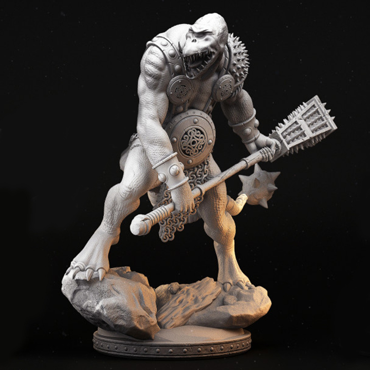 Miniatura de um humanoide reptiliano em escala 32mm, com um único olho, empunhando uma arma de duas mãos e usando armadura pesada em partes do corpo. A figura apresenta detalhes intimidadores, perfeita para RPG de mesa, colecionadores e pintores de miniaturas.