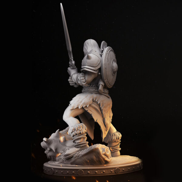 Miniatura de um bárbaro em escala 32mm, empunhando uma espada de duas mãos com um machado nas costas e a cabeça de um dragão derrotado a seus pés. A figura exibe uma pose imponente e detalhes incríveis, ideal para RPG de mesa, colecionadores e pintores de miniaturas.
