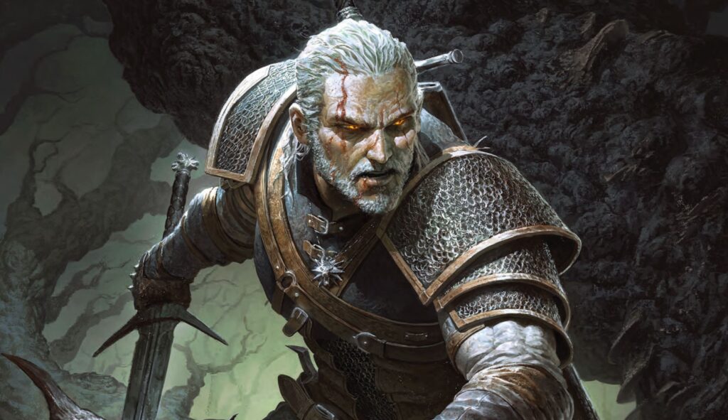 A imagem é a capa do livro do The Witcher TRPG
