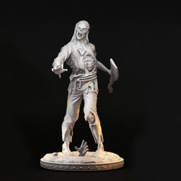 Miniatura de zumbi em escala 32mm, em uma postura desajeitada e ameaçadora. Figura detalhada com aparência de decomposição, ideal para RPG de mesa como inimigo genérico ou minion, além de ser uma excelente peça para colecionadores e pintores.