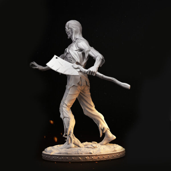Miniatura de zumbi em escala 32mm, em uma postura desajeitada e ameaçadora. Figura detalhada com aparência de decomposição, ideal para RPG de mesa como inimigo genérico ou minion, além de ser uma excelente peça para colecionadores e pintores.