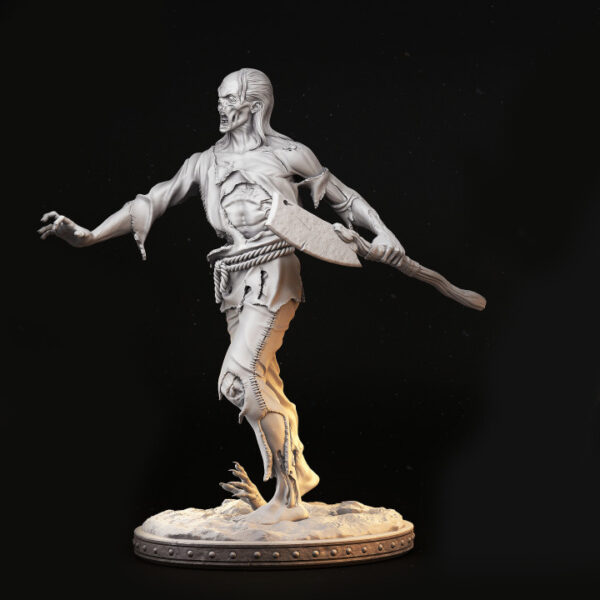 Miniatura de zumbi em escala 32mm, em uma postura desajeitada e ameaçadora. Figura detalhada com aparência de decomposição, ideal para RPG de mesa como inimigo genérico ou minion, além de ser uma excelente peça para colecionadores e pintores.